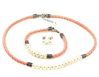 Pink Leather & Pearl Necklace, Bracelet & Earring Set