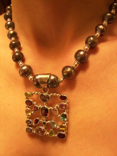 Stone Studded Silver Pendant on Tahitian Black Pearl