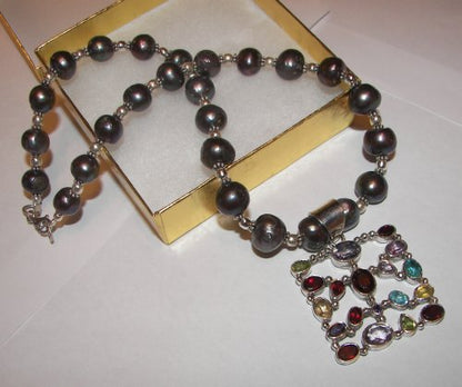 Stone Studded Silver Pendant on Tahitian Black Pearl