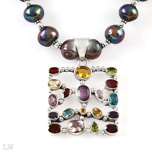 Stone Studded Silver Pendant on Tahitian Black Pearl