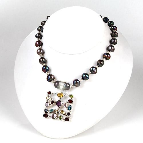 Stone Studded Silver Pendant on Tahitian Black Pearl