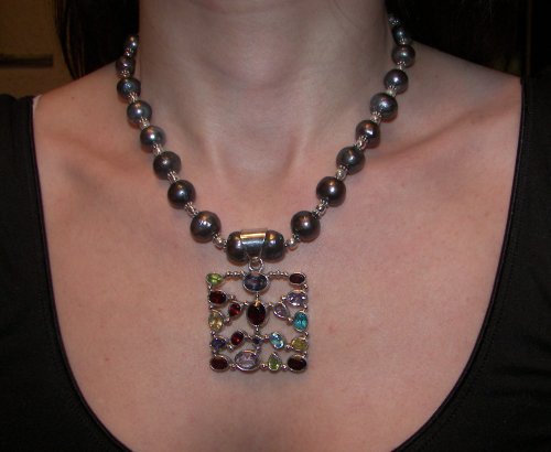 Stone Studded Silver Pendant on Tahitian Black Pearl