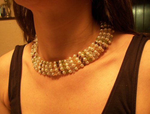Stone Studded Pearl Silver Wire Bound Necklace