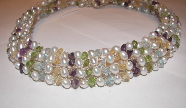 Stone Studded Pearl Silver Wire Bound Necklace