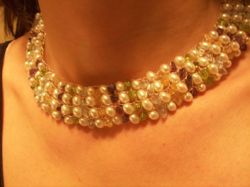 Stone Studded Pearl Silver Wire Bound Necklace
