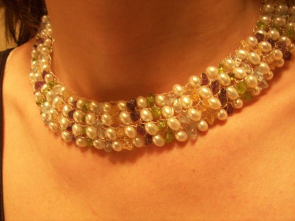 Stone Studded Pearl Silver Wire Bound Necklace