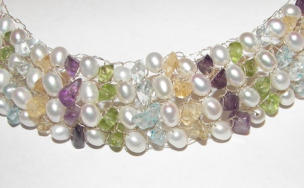 Stone Studded Pearl Silver Wire Bound Necklace