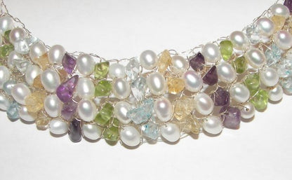 Stone Studded Pearl Silver Wire Bound Necklace