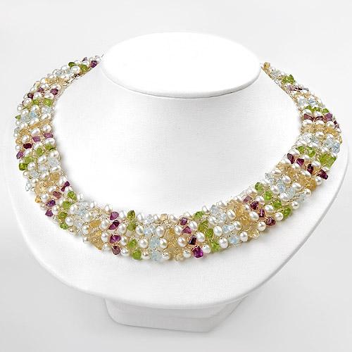 Stone Studded Pearl Silver Wire Bound Necklace